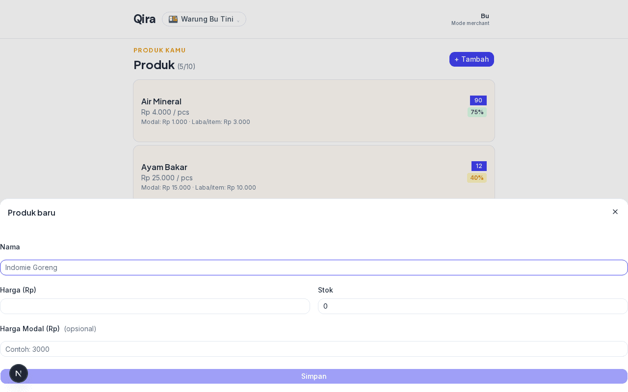Drawer edit produk — field Stok bisa langsung diubah ke nilai absolut baru